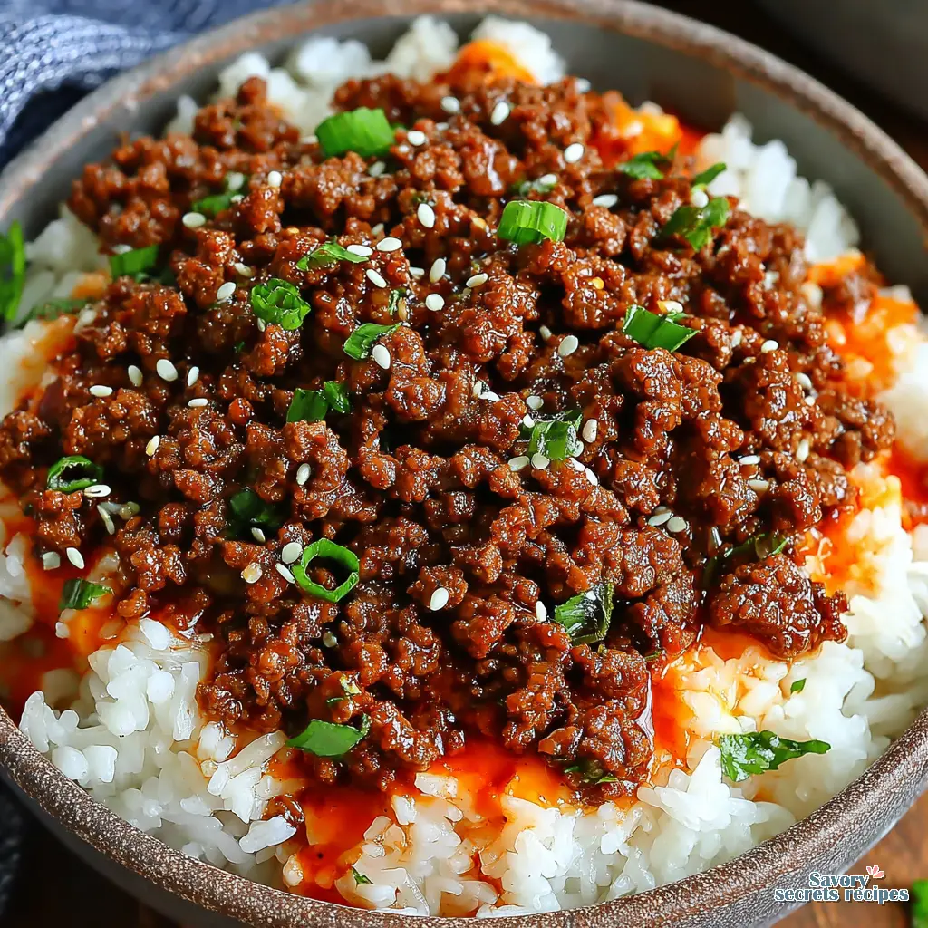 ground beef rice bowl high protein close up