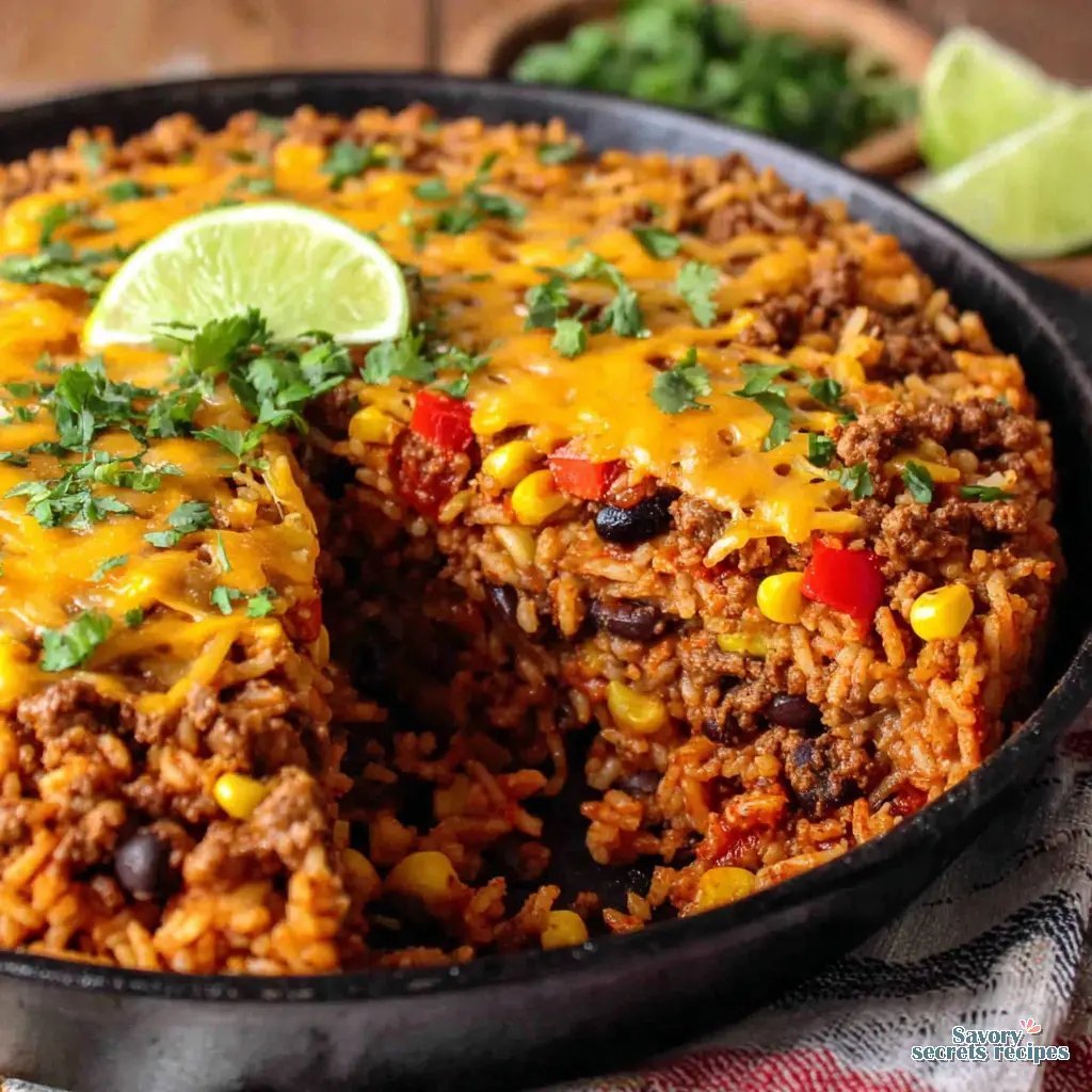 ground beef rice burrito bowl close up