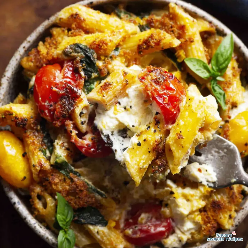 healthy baked feta pasta recipe close up