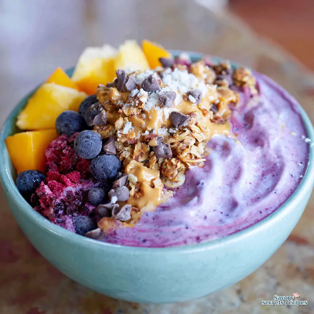 high protein berry smoothie bowl close up