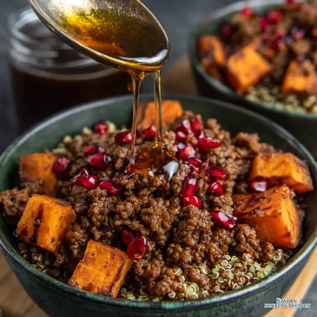 high protein hot honey ground beef meal prep bowls close up
