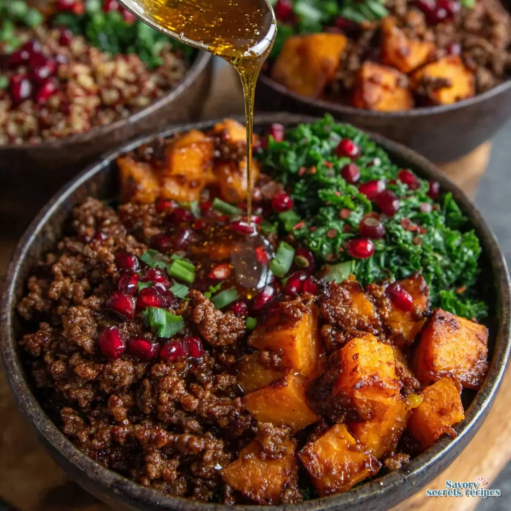 high protein hot honey ground beef meal prep bowls final presentation