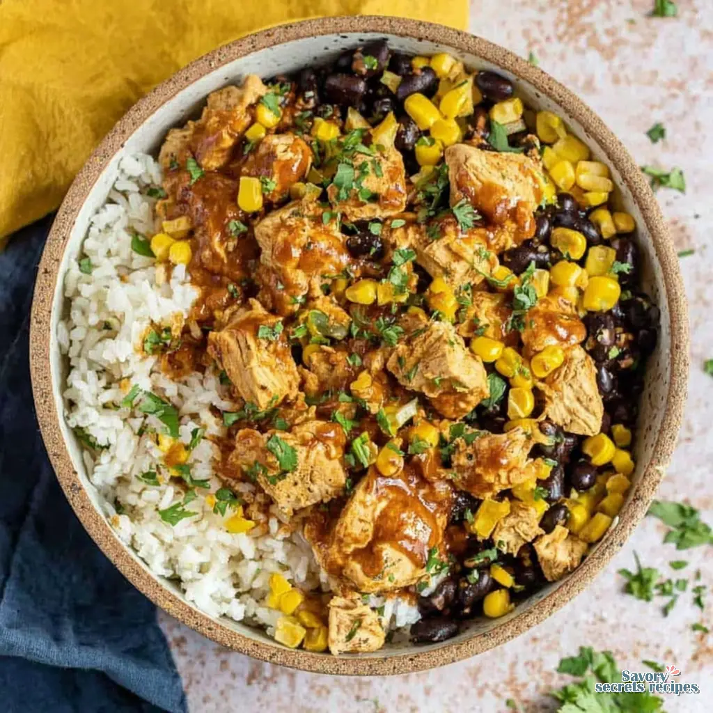 high protein southwest chicken burrito bowls close up