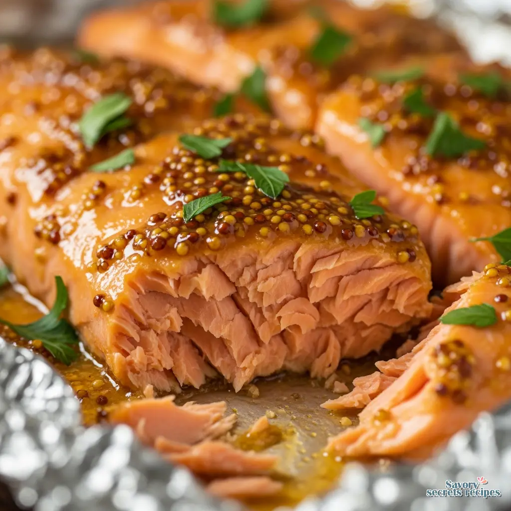 honey mustard salmon in foil close up