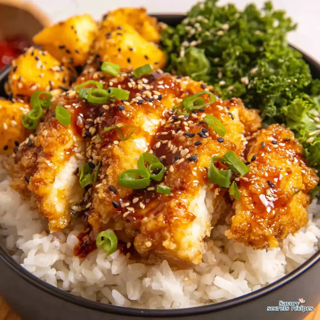 hot honey chicken and rice bowls close up