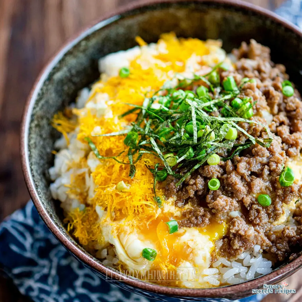 japanese ground beef and egg rice bowl close up