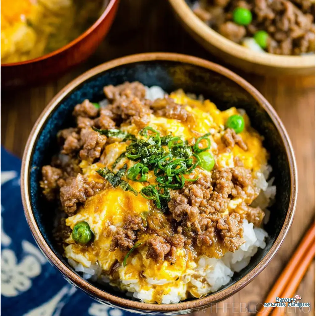 japanese ground beef and egg rice bowl - variation 4