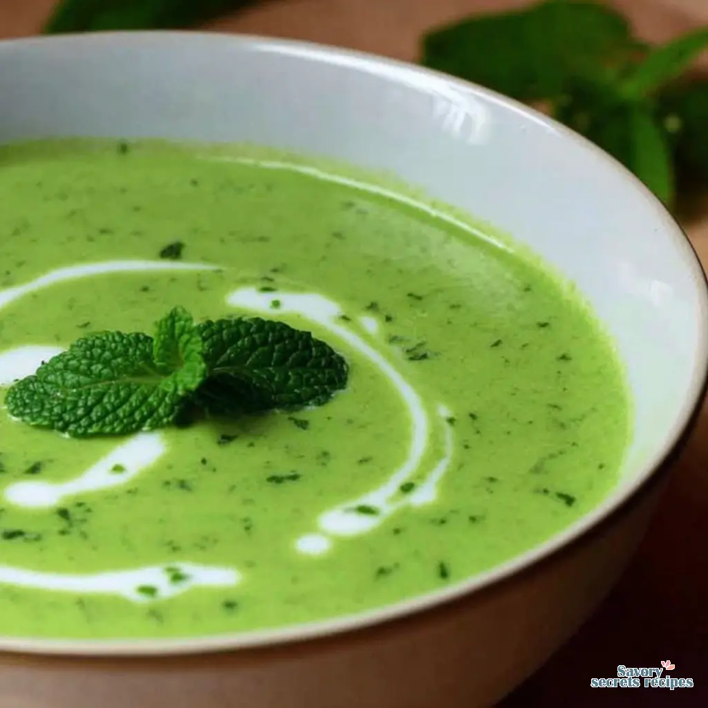 keto pea and mint soup close up
