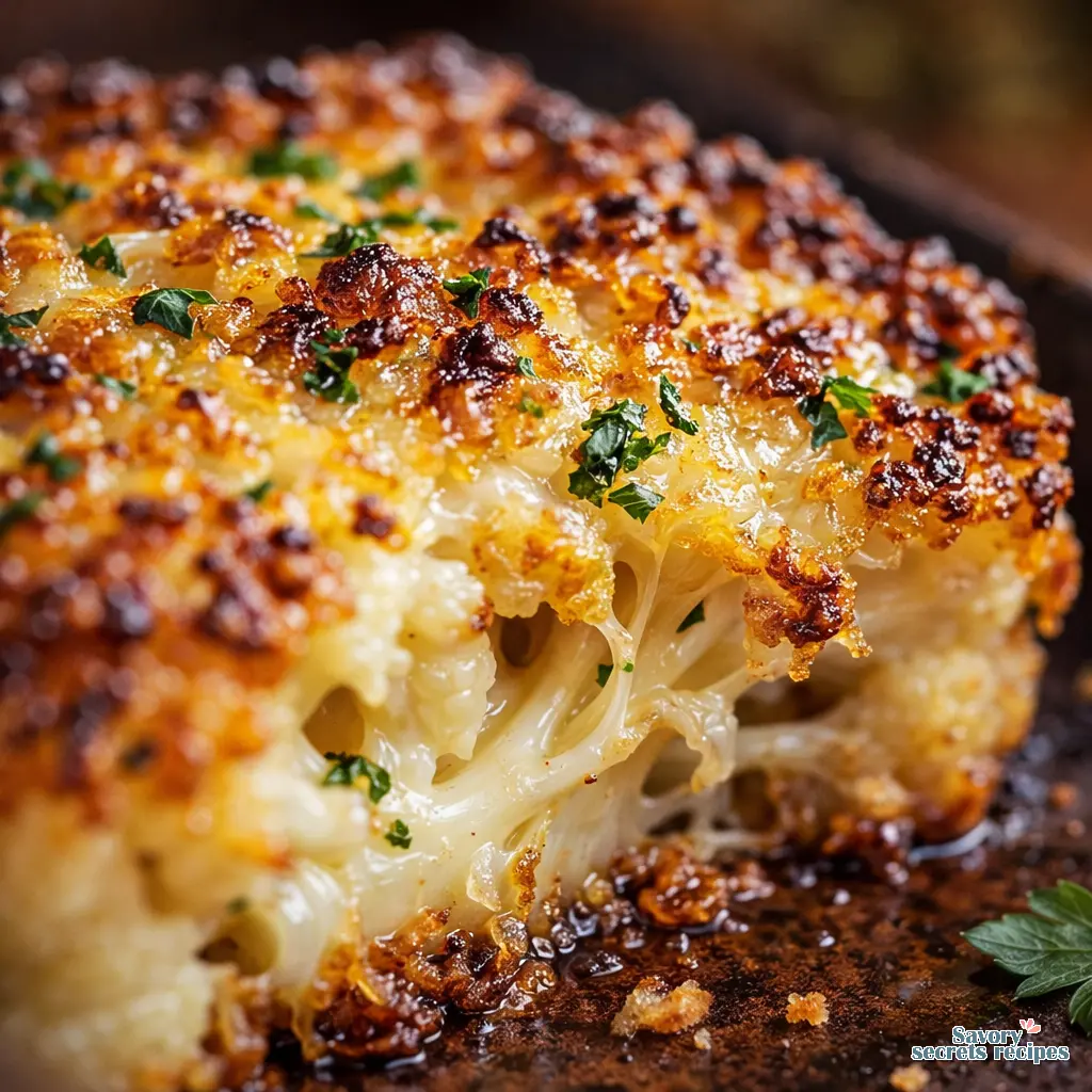 keto roasted cauliflower steaks with cheese close up