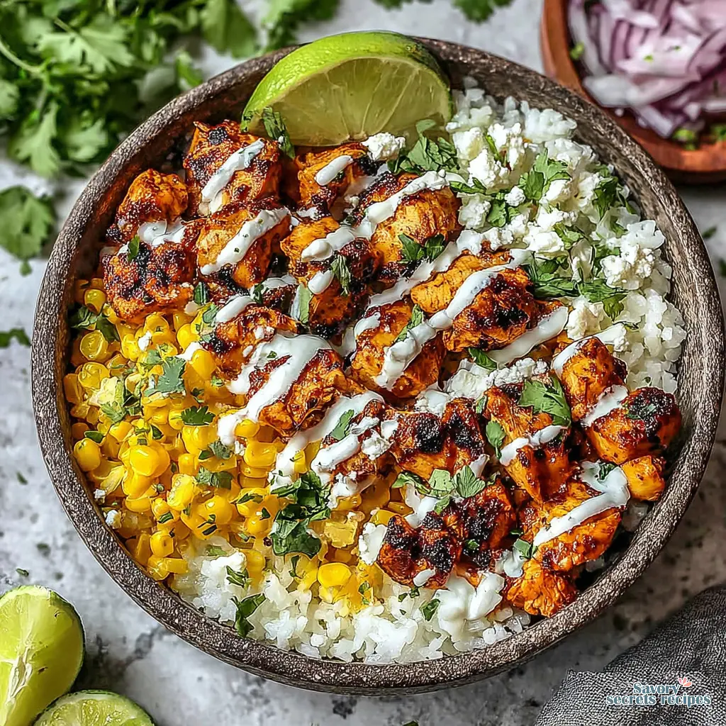 keto street corn chicken rice bowl close up