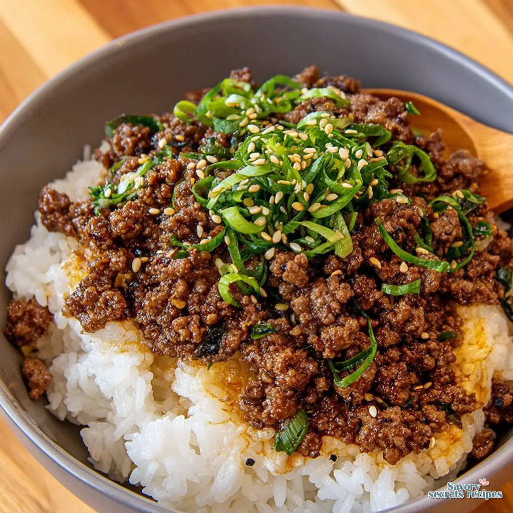 korean ground beef rice bowl recipe close up