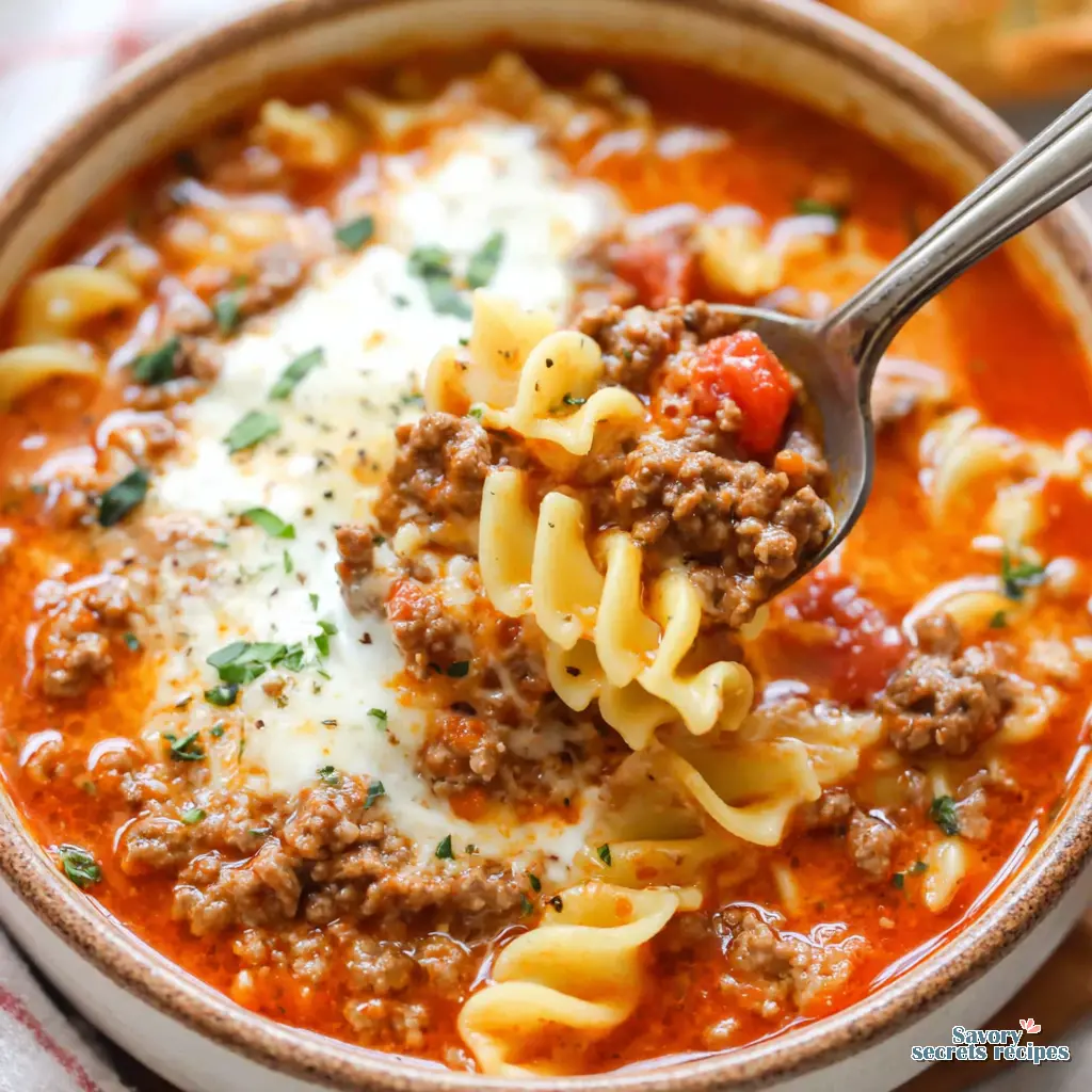 lazy lasagna soup for 2 close up