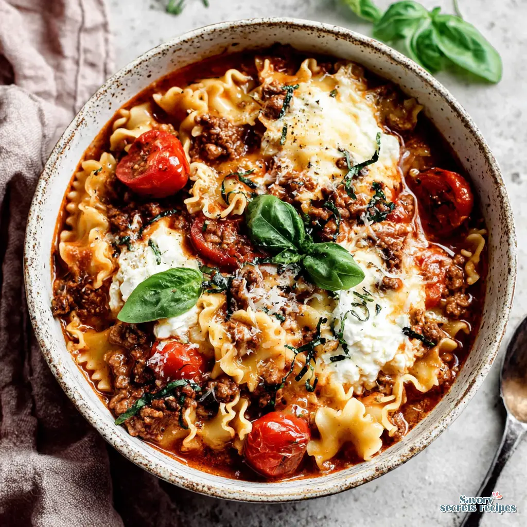 lazy lasagna soup with cottage cheese close up