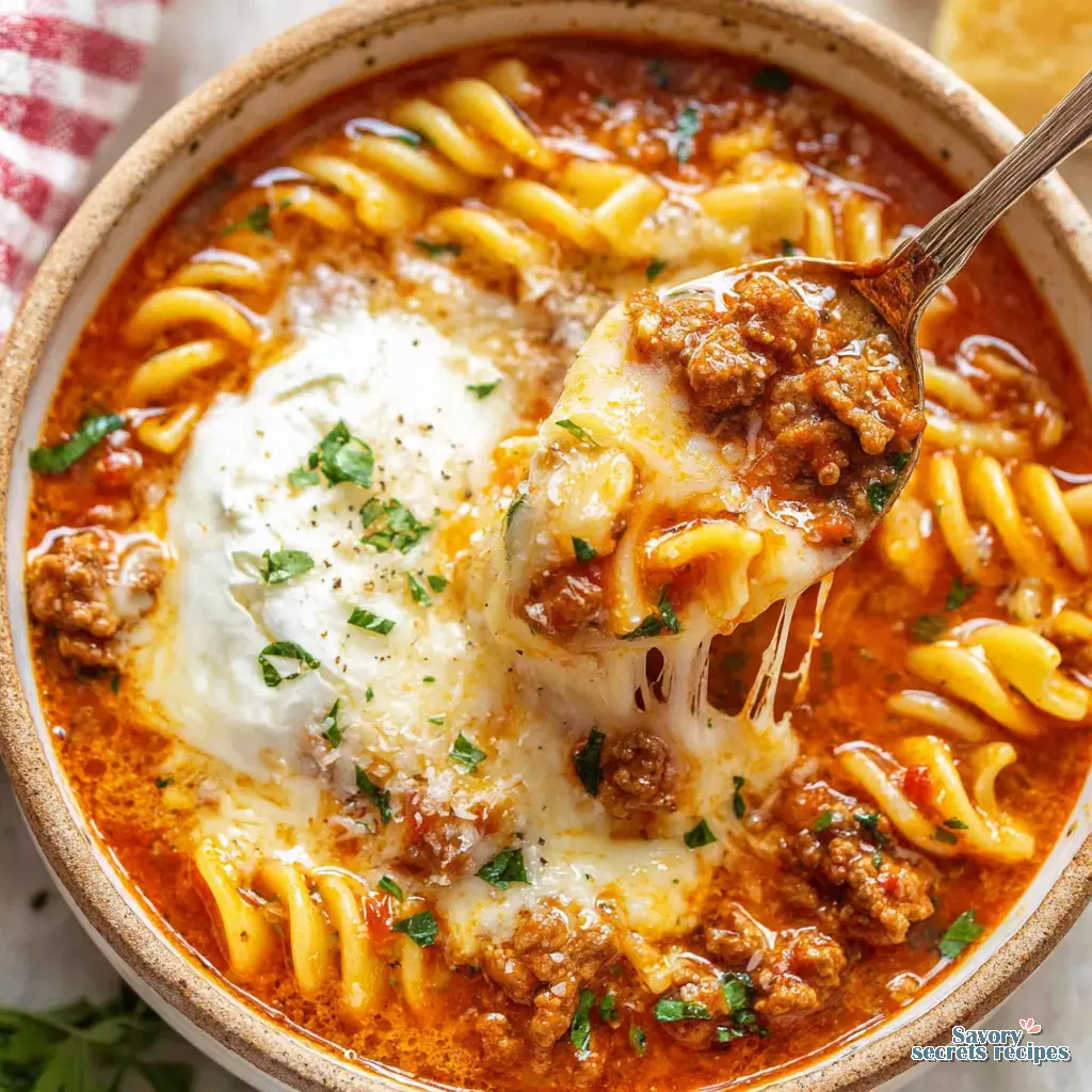 lazy lasagna soup with jar sauce close up