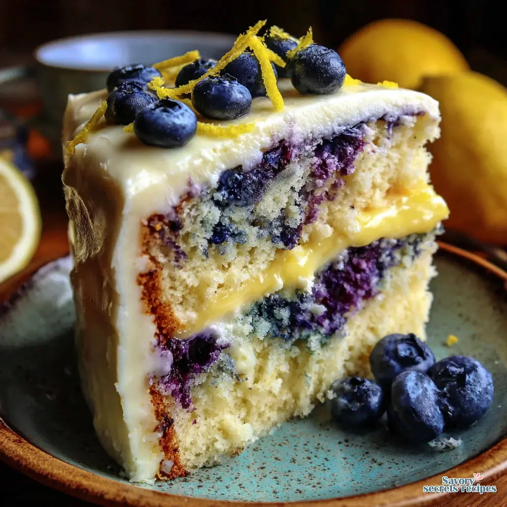 Lemon Blueberry Layer Cake with Lemon Curd Filling close up