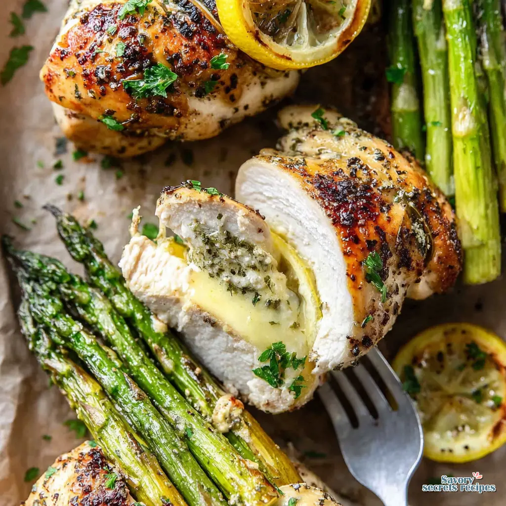 lemon chicken asparagus foil packs close up