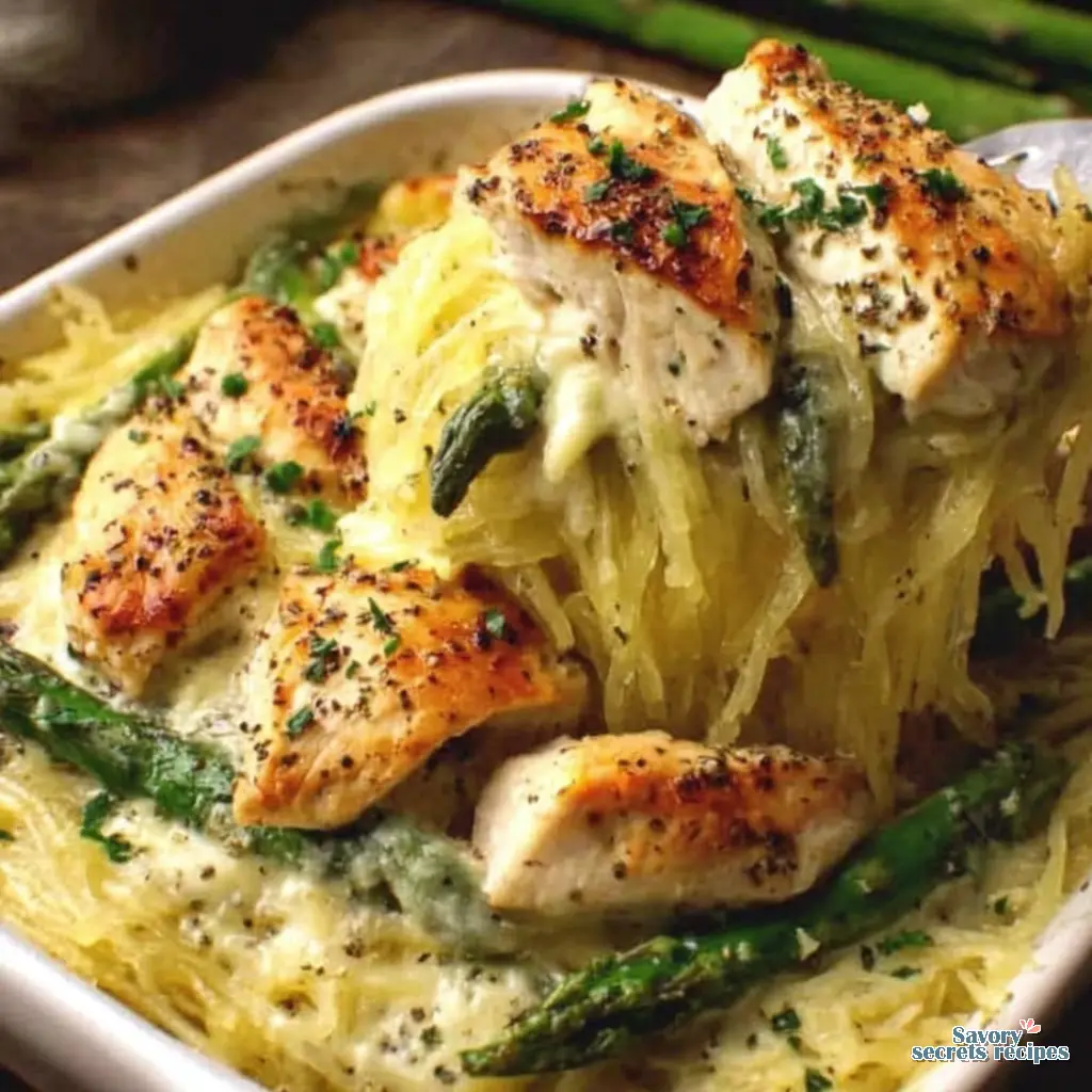 lemon chicken asparagus spaghetti squash bake close up