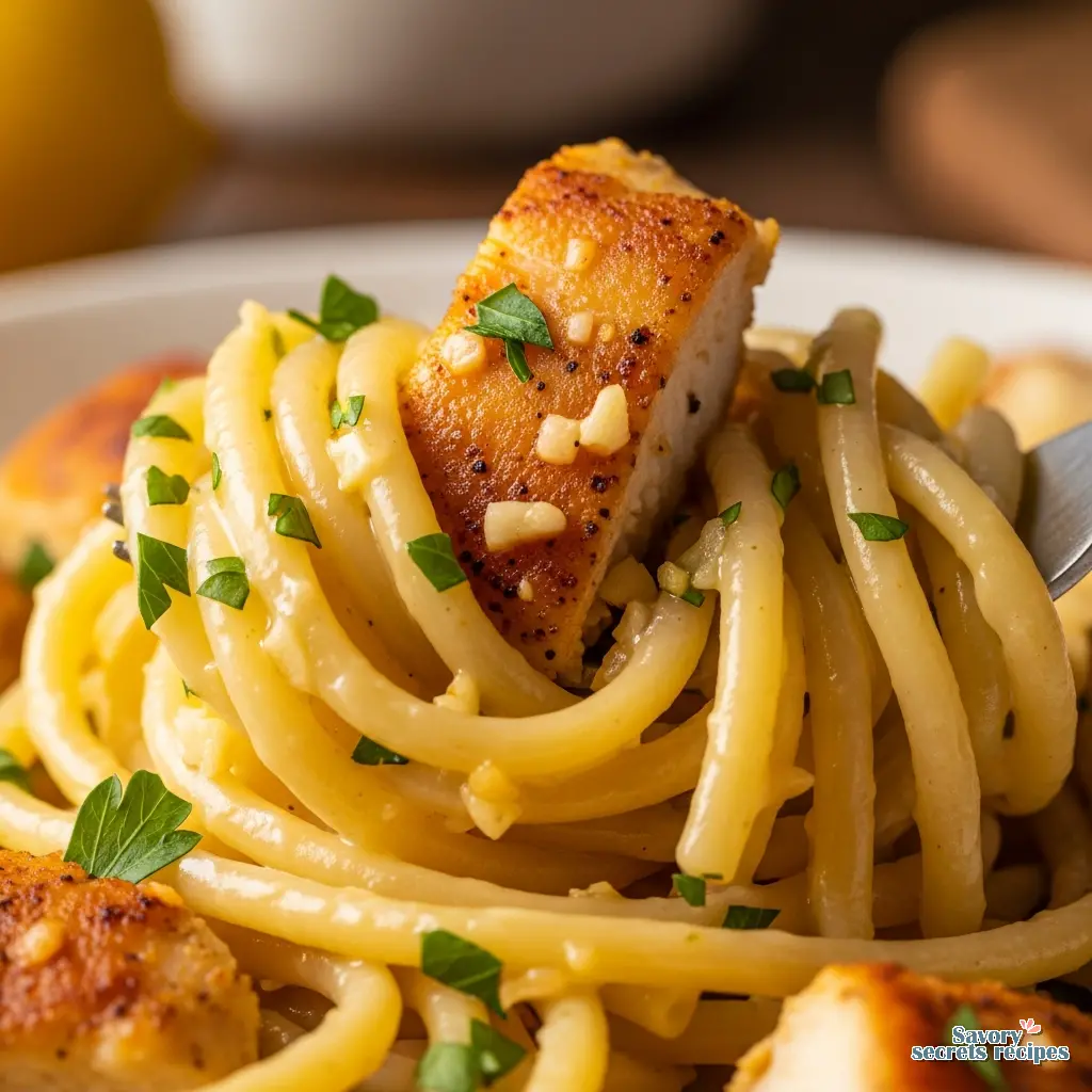 lemon garlic chicken pasta recipe close up