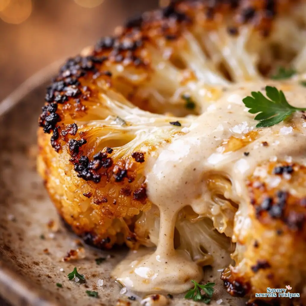 mediterranean roasted cauliflower steaks with tahini close up
