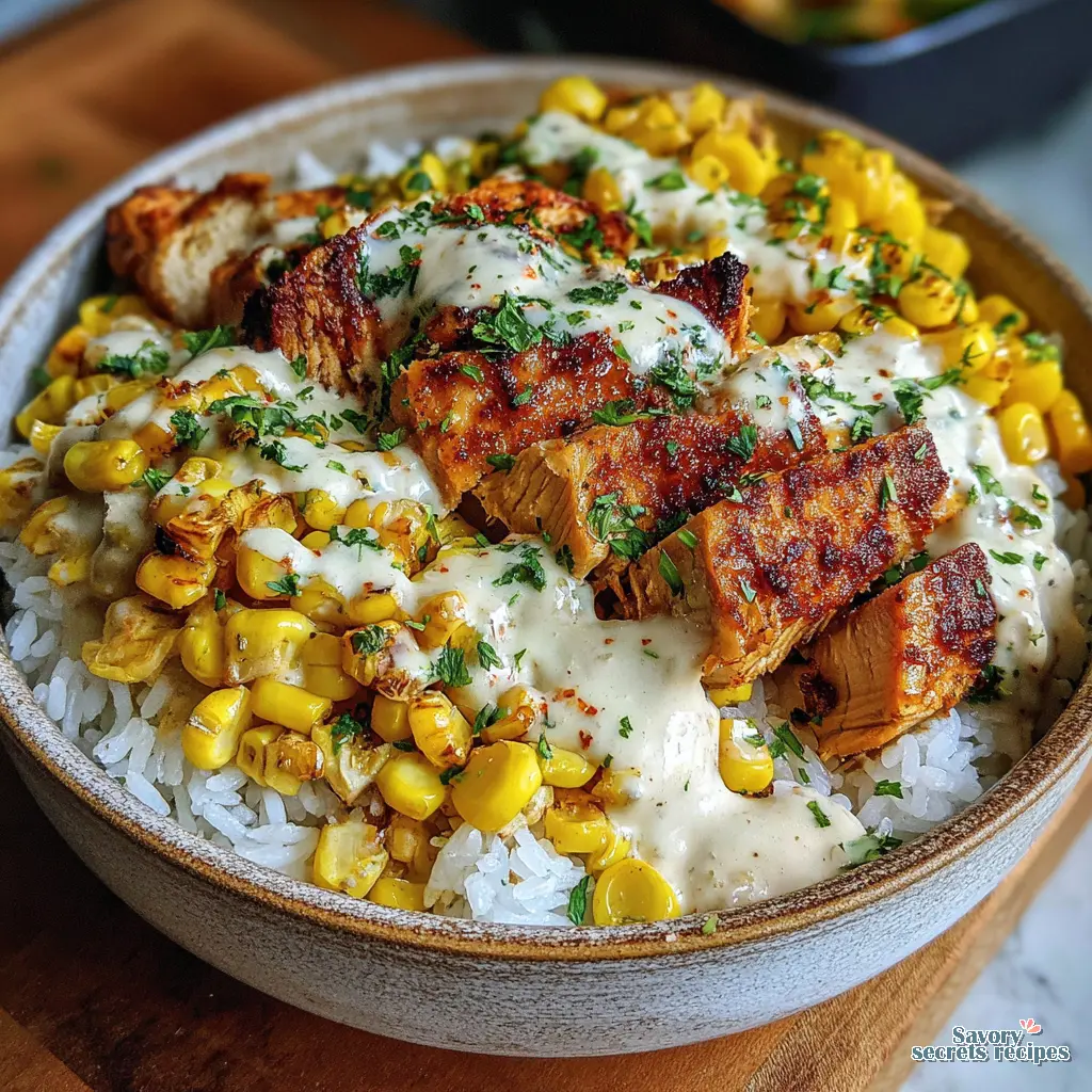 mexican street corn chicken bowl close up