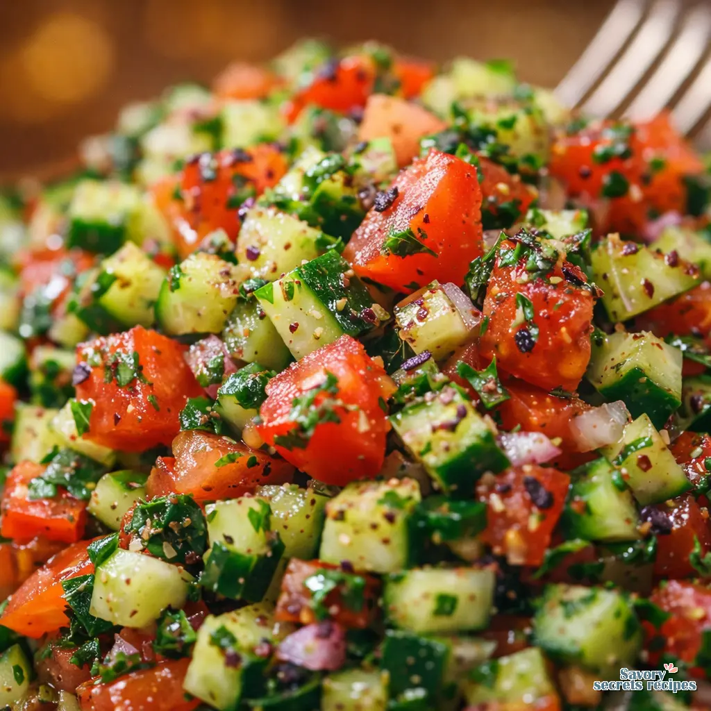 middle eastern cucumber tomato salad close up