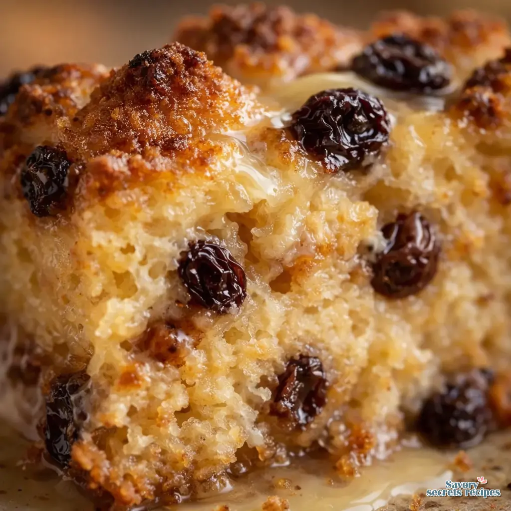 old fashioned bread pudding with vanilla sauce close up