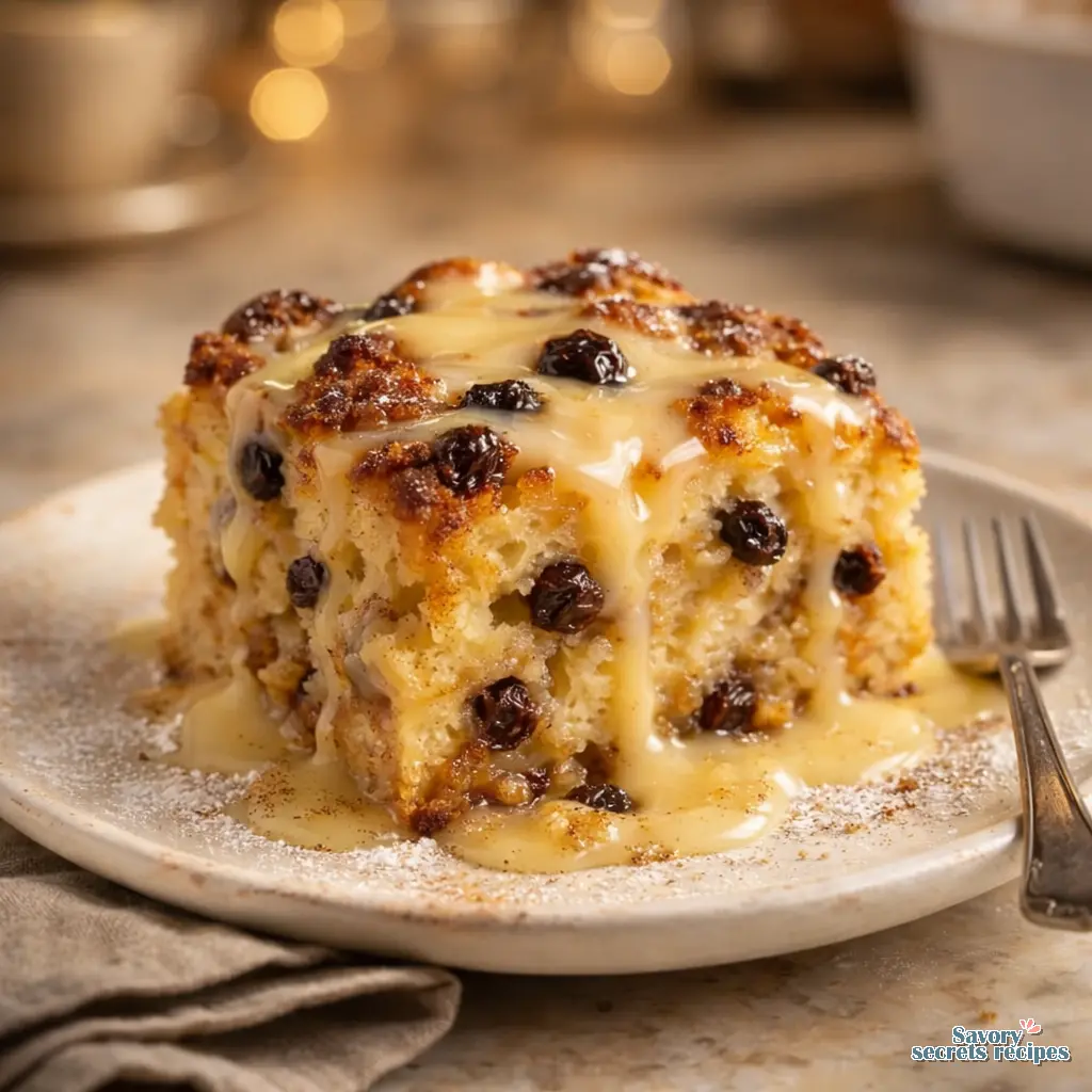 old fashioned bread pudding with vanilla sauce final presentation