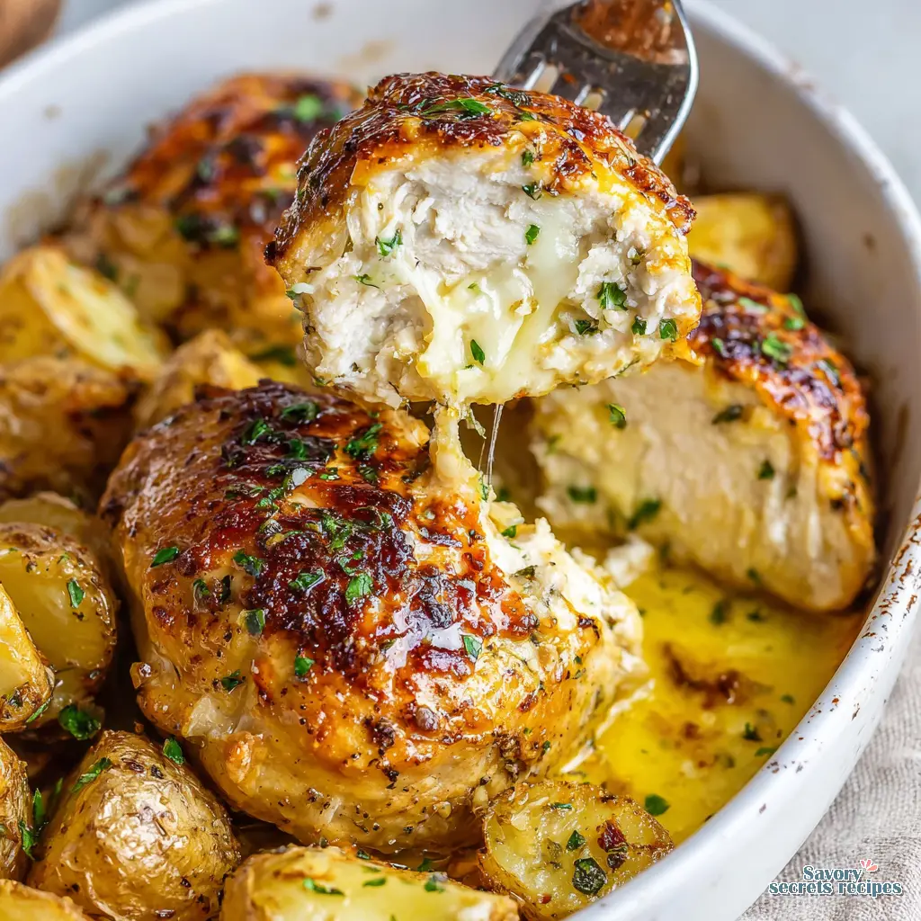 oven baked garlic butter chicken bites and potatoes 589283160 q1