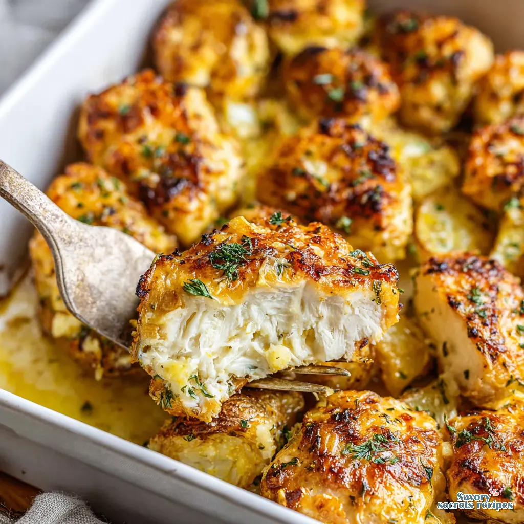 oven baked garlic butter chicken bites and potatoes close up