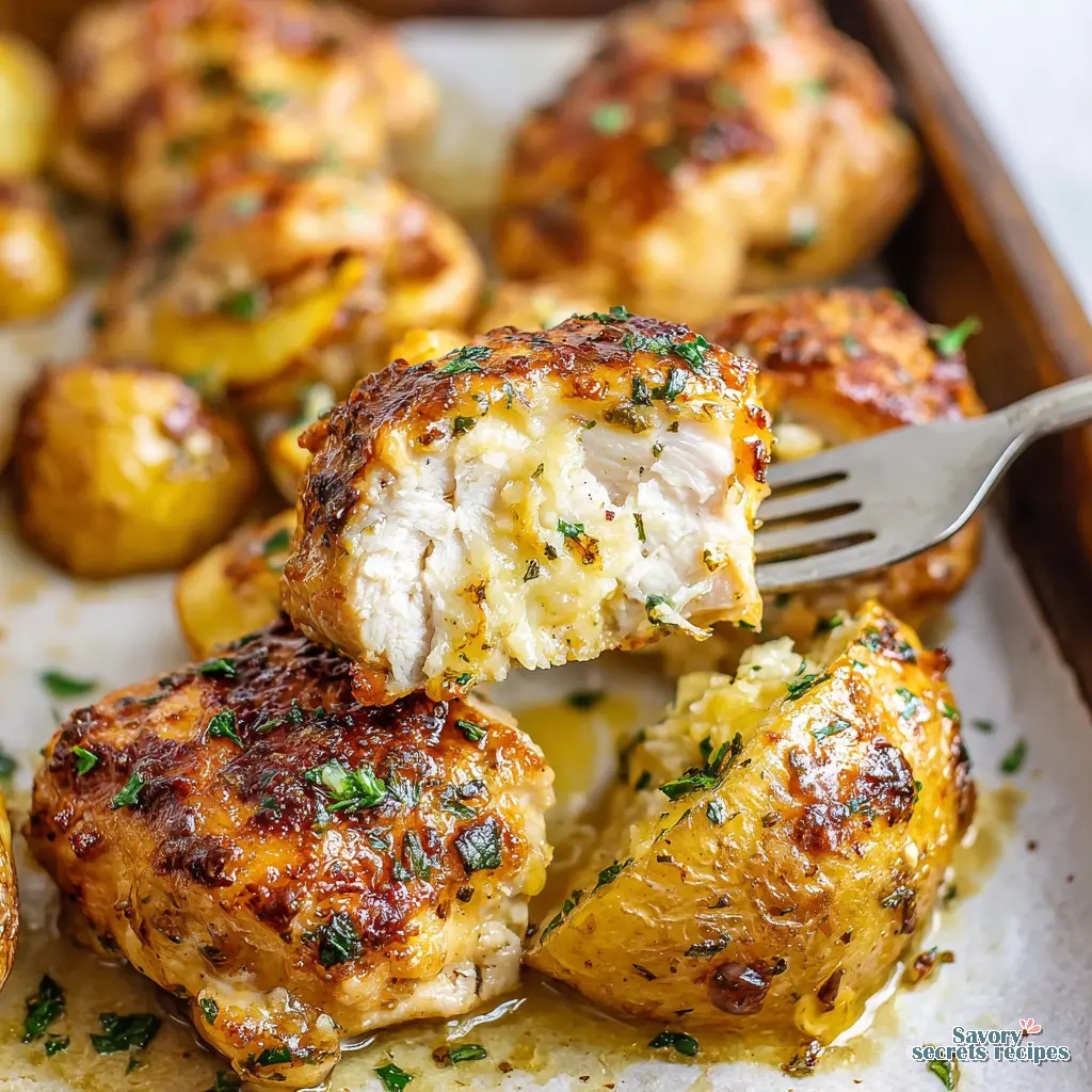 oven baked garlic butter chicken bites and potatoes final presentation