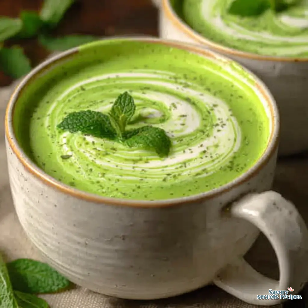 pea and mint soup with creme fraiche close up