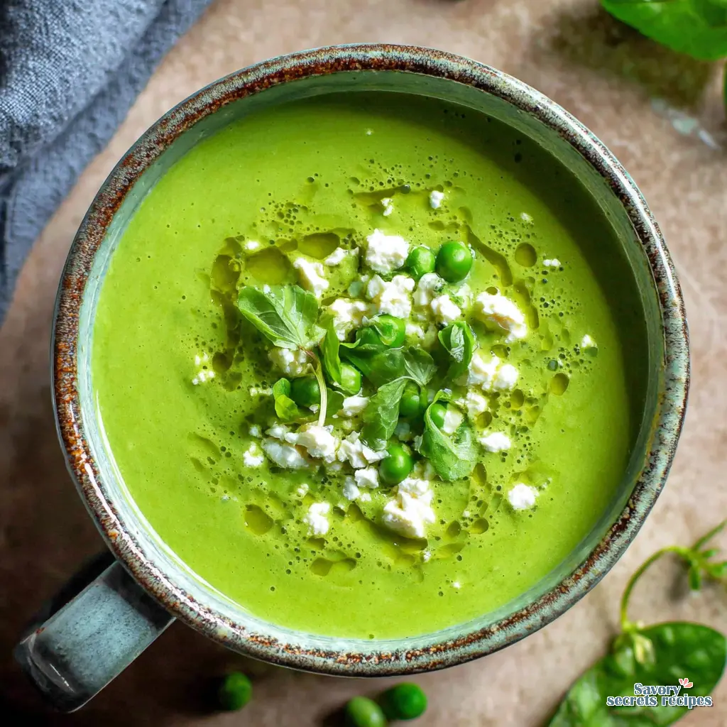 pea mint and feta soup close up