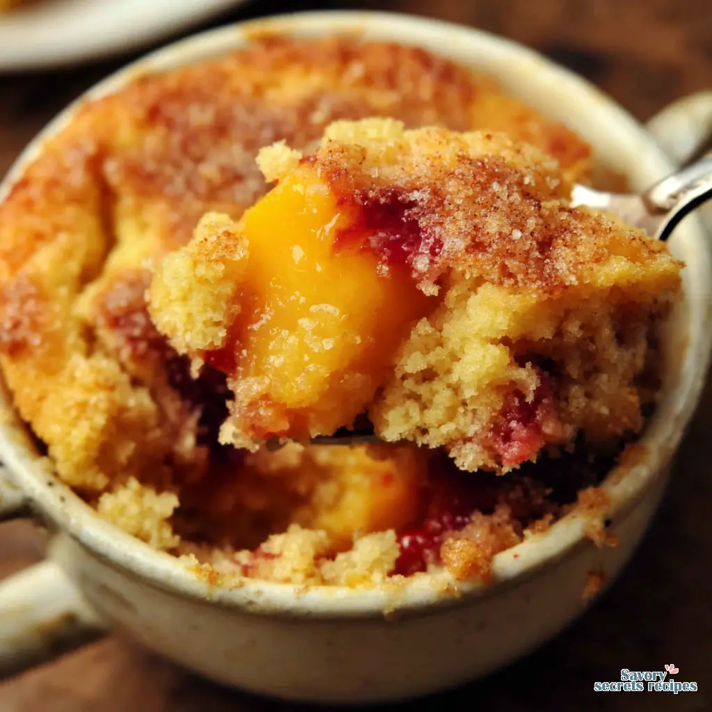 peach cobbler cake in a cup (microwave mug cake) close up
