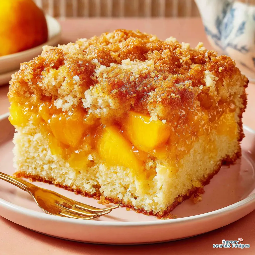 peach cobbler cake with canned peaches and cake mix close up