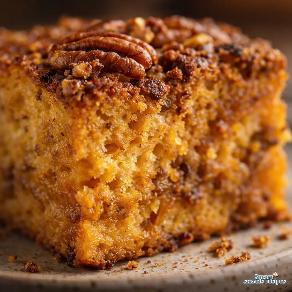 pumpkin bread pudding with pecans close up