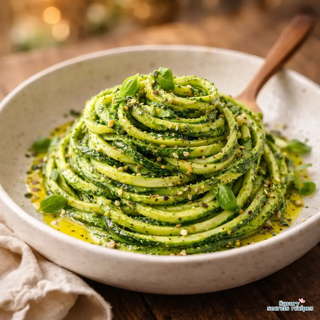 raw zucchini noodles with pesto final presentation