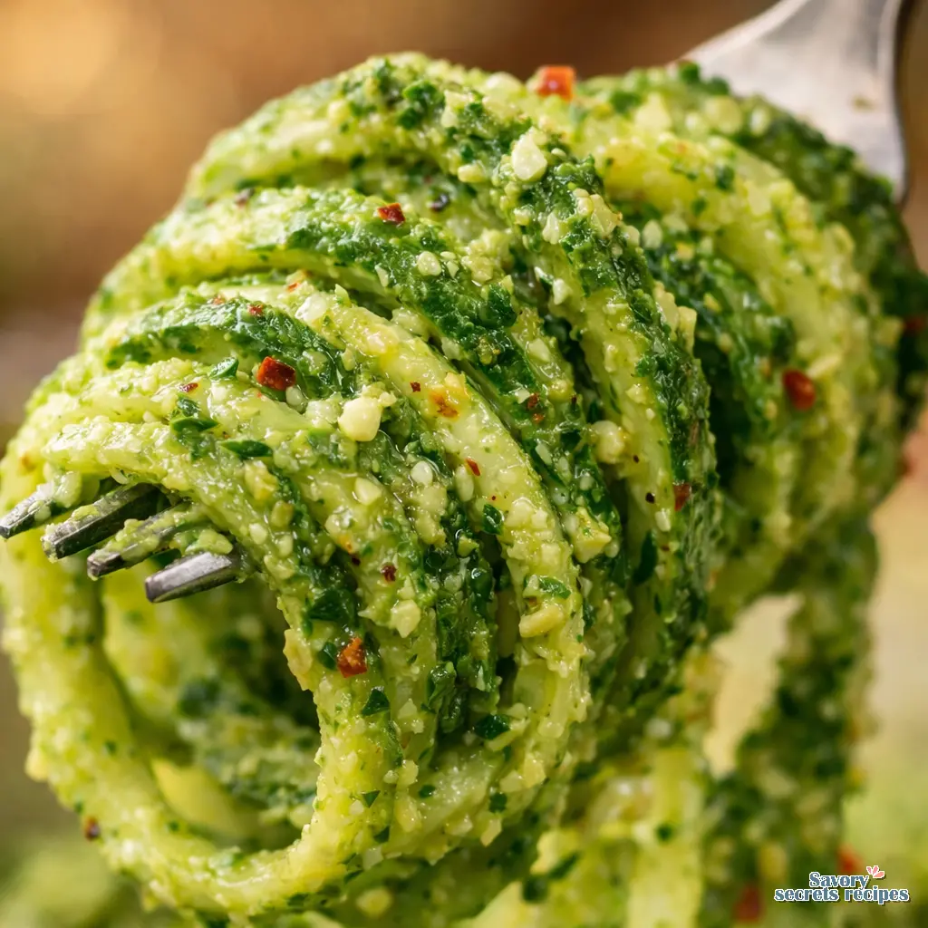 raw zucchini noodles with pesto close up
