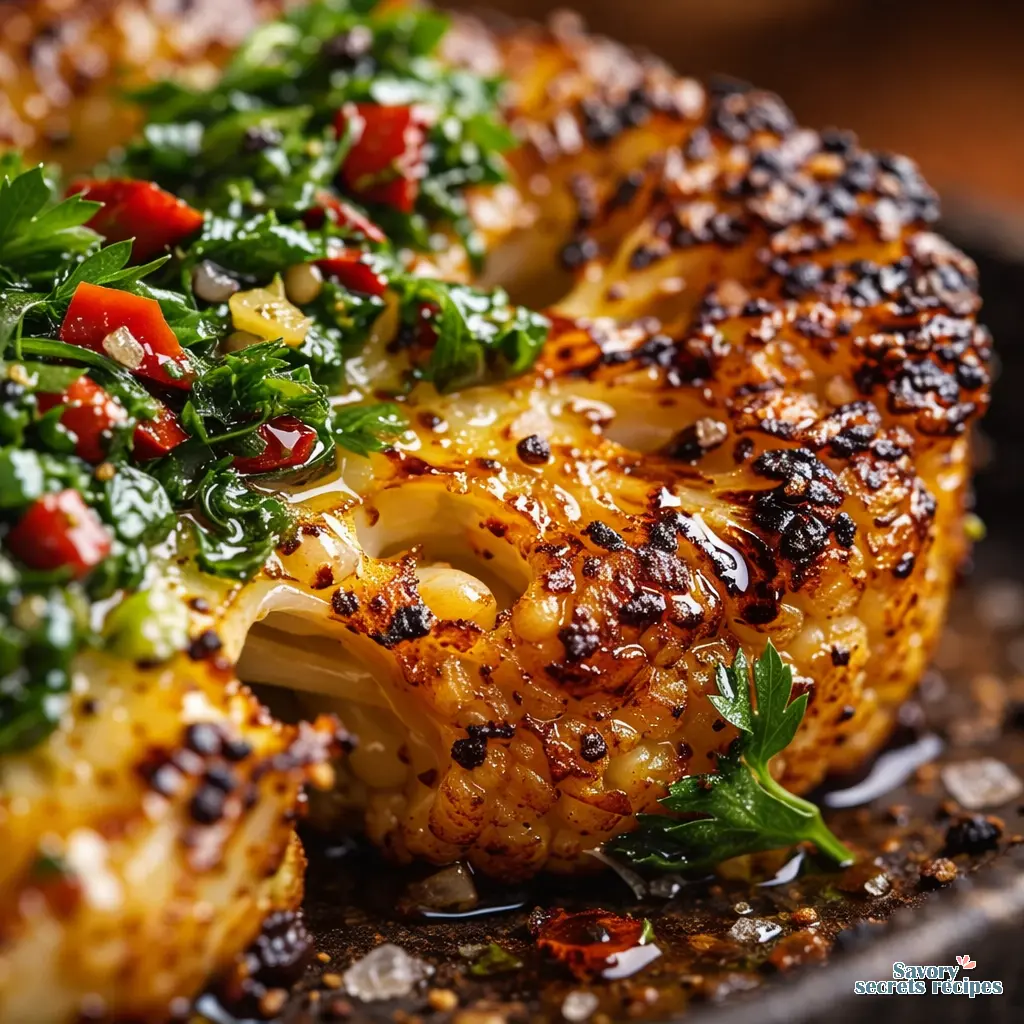 roasted cauliflower steak with chimichurri close up