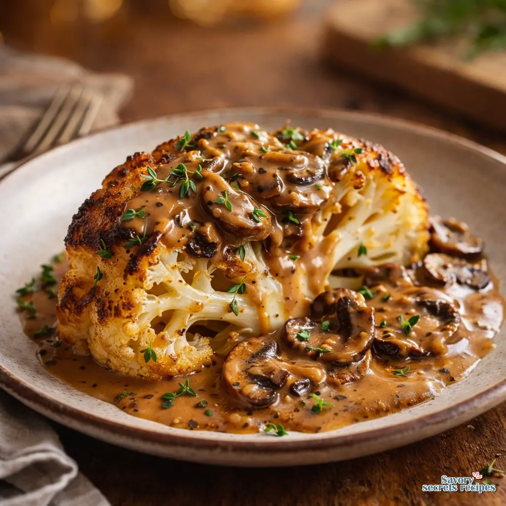 roasted cauliflower steaks with mushroom gravy final presentation