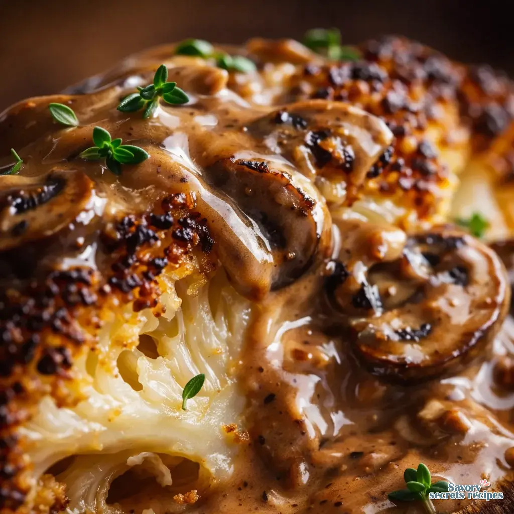 roasted cauliflower steaks with mushroom gravy close up