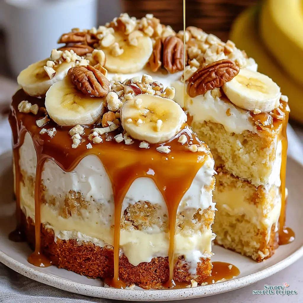 salted caramel banana pudding cake close up