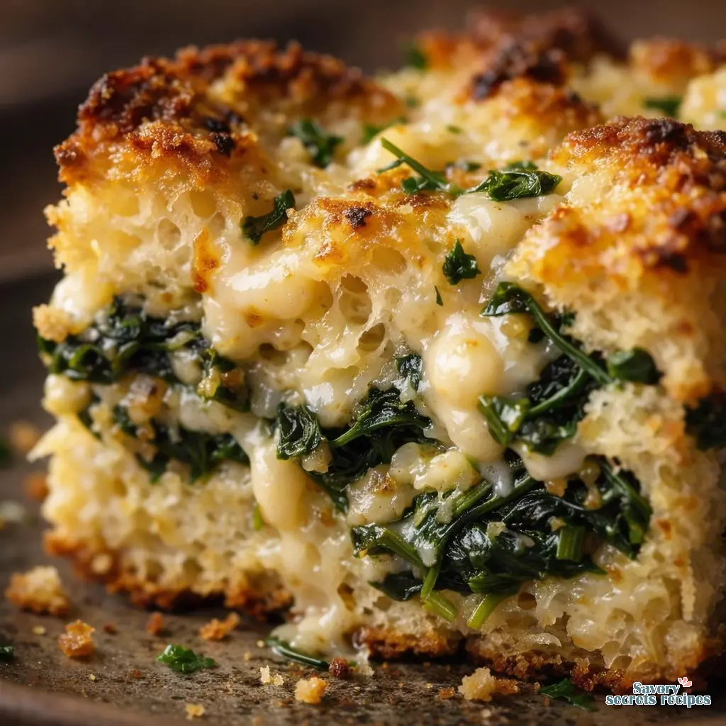 savory bread pudding with spinach and feta close up