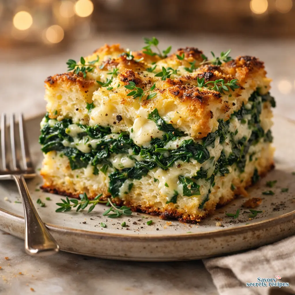 savory bread pudding with spinach and feta final presentation