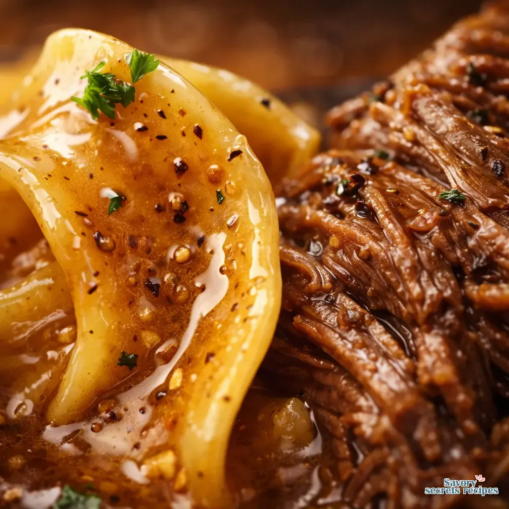 savory egg noodles and gravy close up
