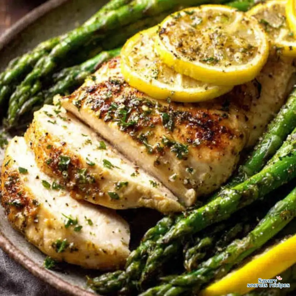sheet pan lemon chicken and asparagus close up