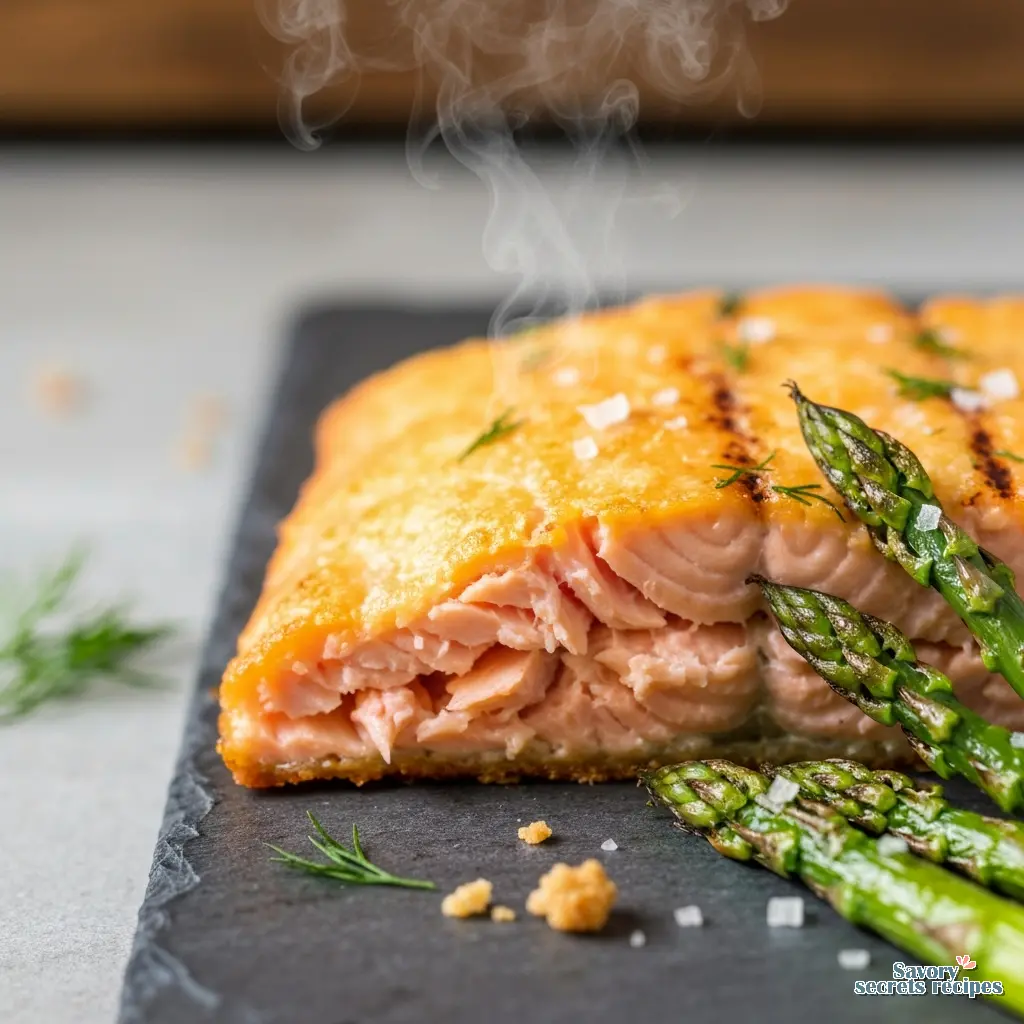 sheet pan salmon and asparagus close up