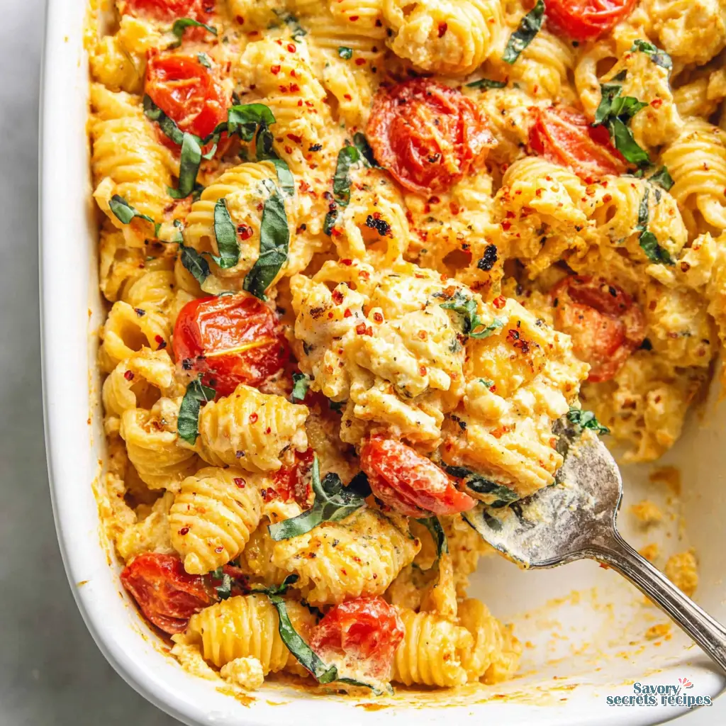 slow cooker baked feta pasta close up