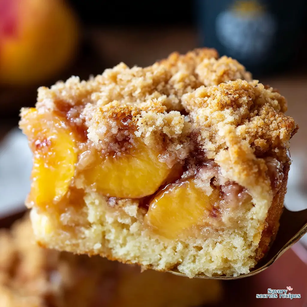 slow cooker peach cobbler dump cake close up
