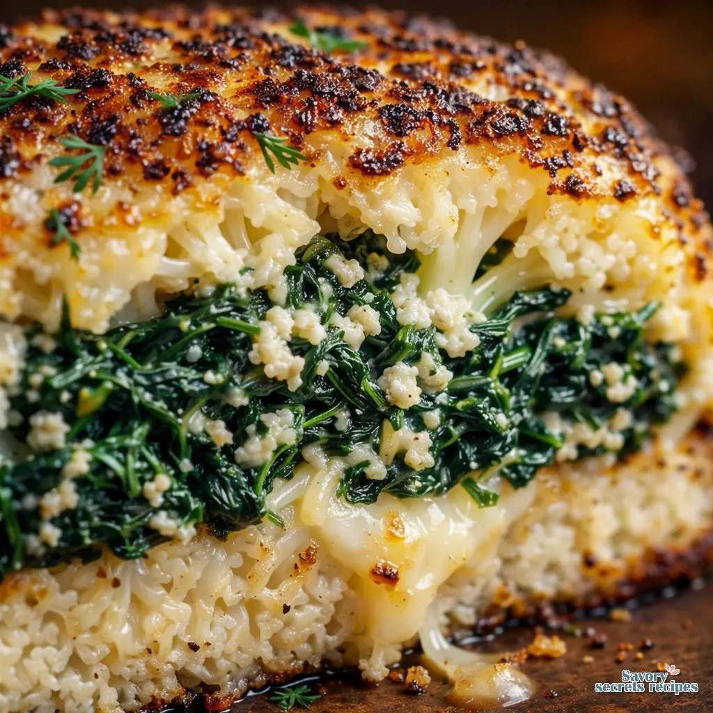 spanakopita cauliflower steak melts close up