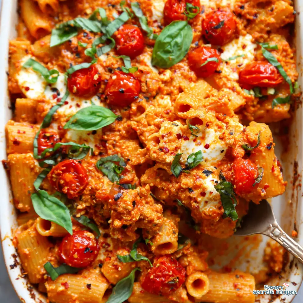 spicy harissa baked feta pasta close up